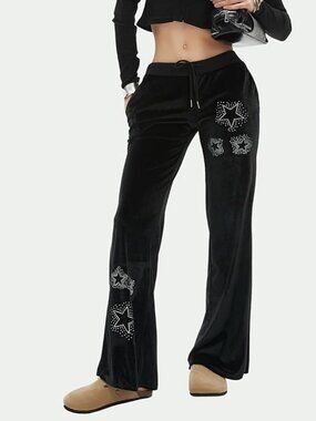 Velvet Star Rhinestone‎ Flare Pants for Women, Bootcut Low Rise Drawstring